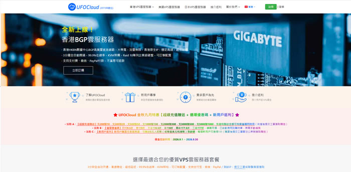UFOCloud:九月大促,香港BGP、CN2、美日线路性价比盘点,充值返现 + 多档折扣